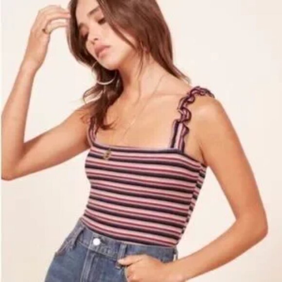 Reformation Hampton Striped Ruffle Strap in Hollywood Stripe Bodysuit - Picture 4 of 11